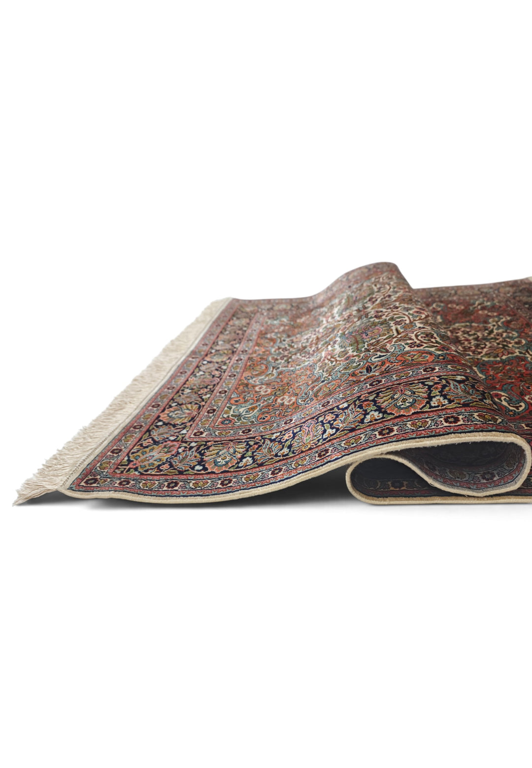 Ivory and Navy Shah Abbasi Floral Medallion, Hand-Knotted Silk Rug