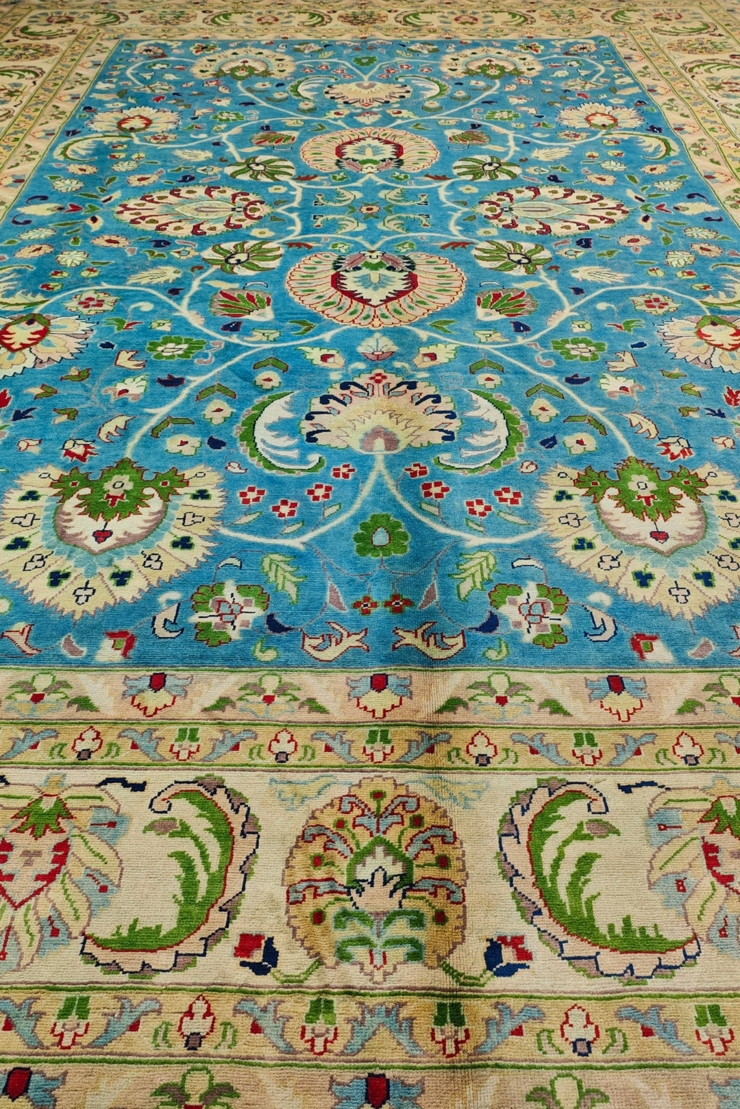 Turquoise and Cream Floral Ghazni, Hand-Knotted Wool Rug