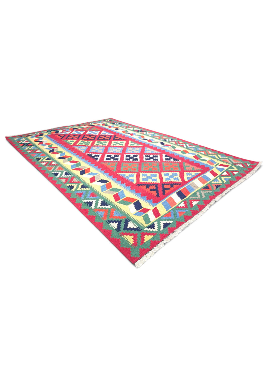 Cerise and Green Qashqai Medallion Kilim, Hand-Woven Wool