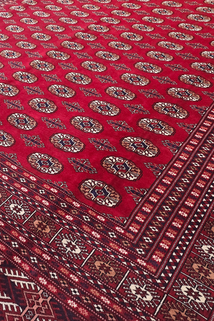 Ruby Red Turkmen Gül Bokhara, Hand-Knotted Wool Rug