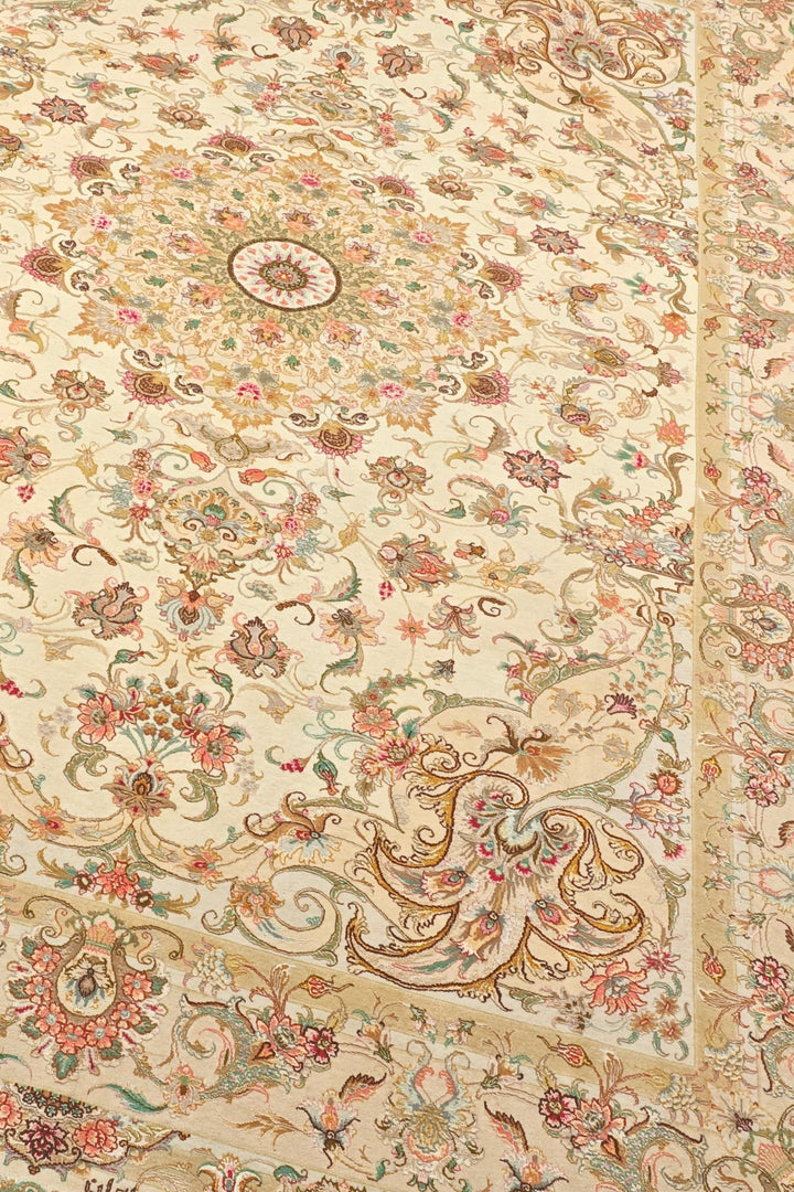 Cream and Gold Radiating Medallion Tabriz, Hand-Knotted Wool Rug