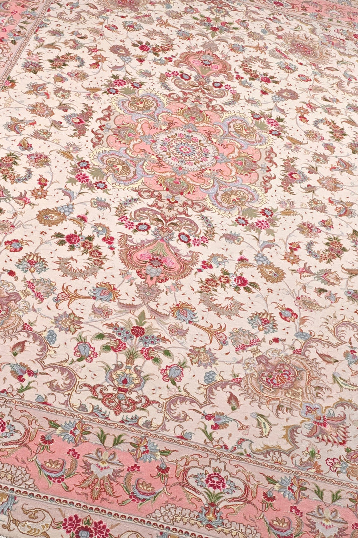Cream and Rose Pink Medallion Tabriz, Hand-Knotted Wool Rug
