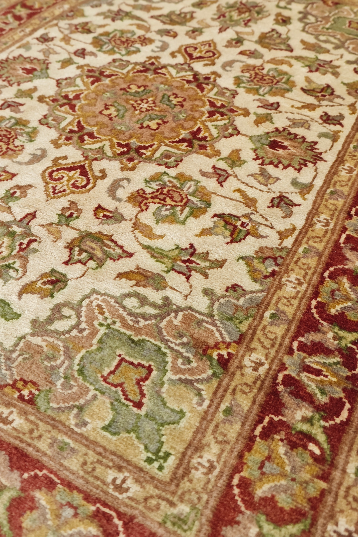 Ivory and Deep Red Tabriz Cloud Band Medallion, Hand-Knotted Wool and Silk Rug