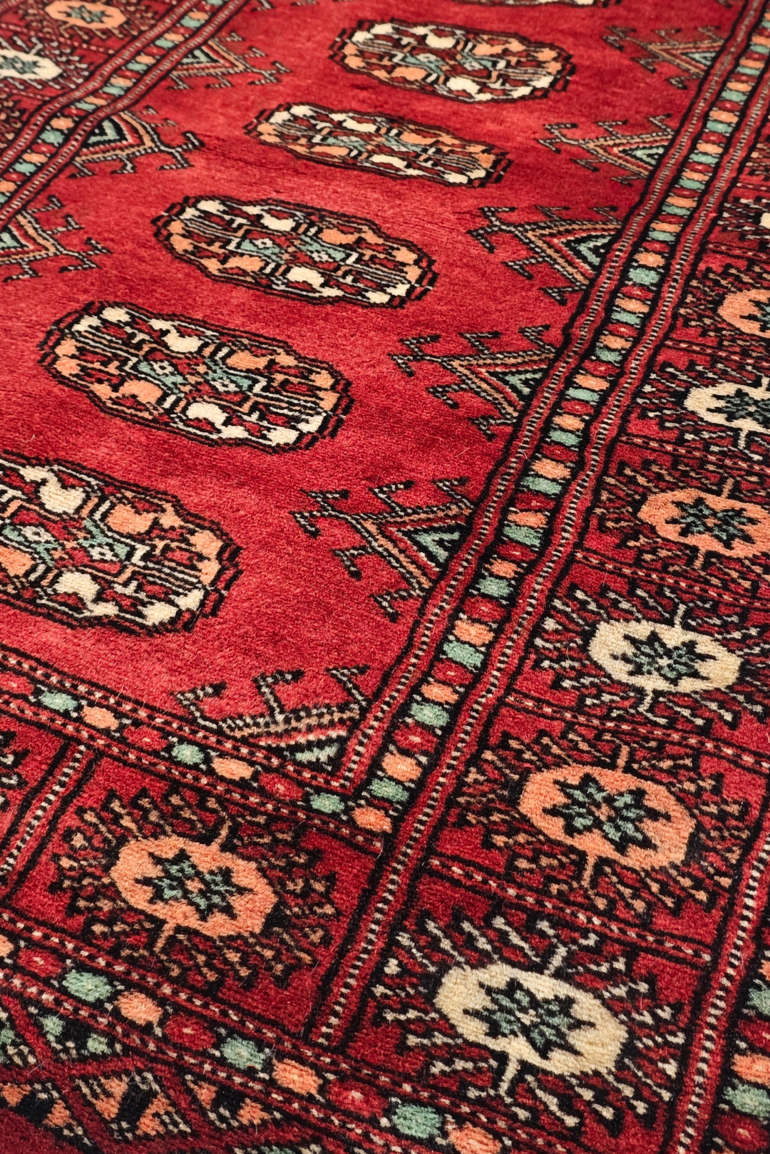 Ruby Red and Peach Turkmen Gül Bokhara, Hand-Knotted Wool Rug
