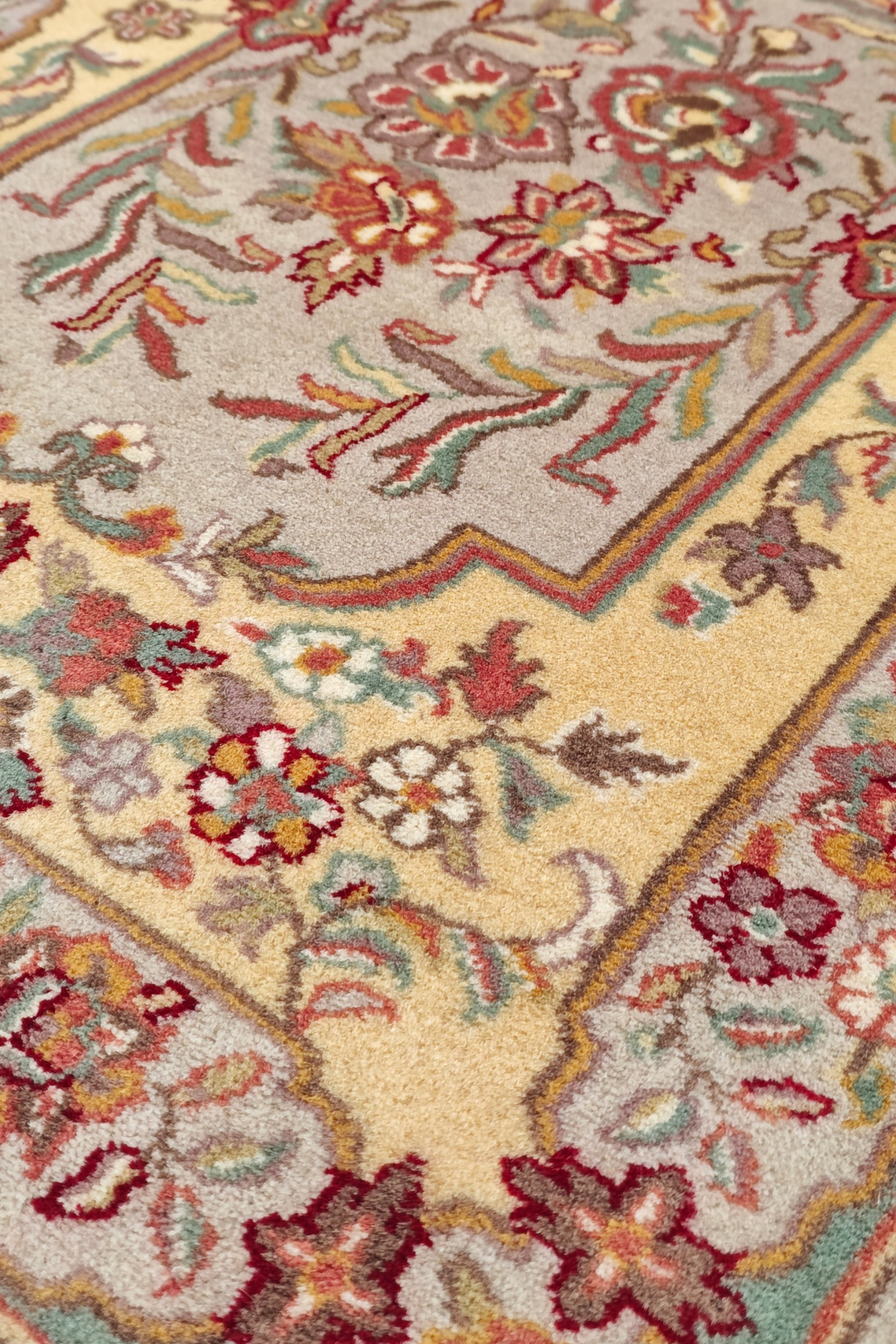 Gold and Grey French Floral Panel, Hand-Knotted Wool Rug