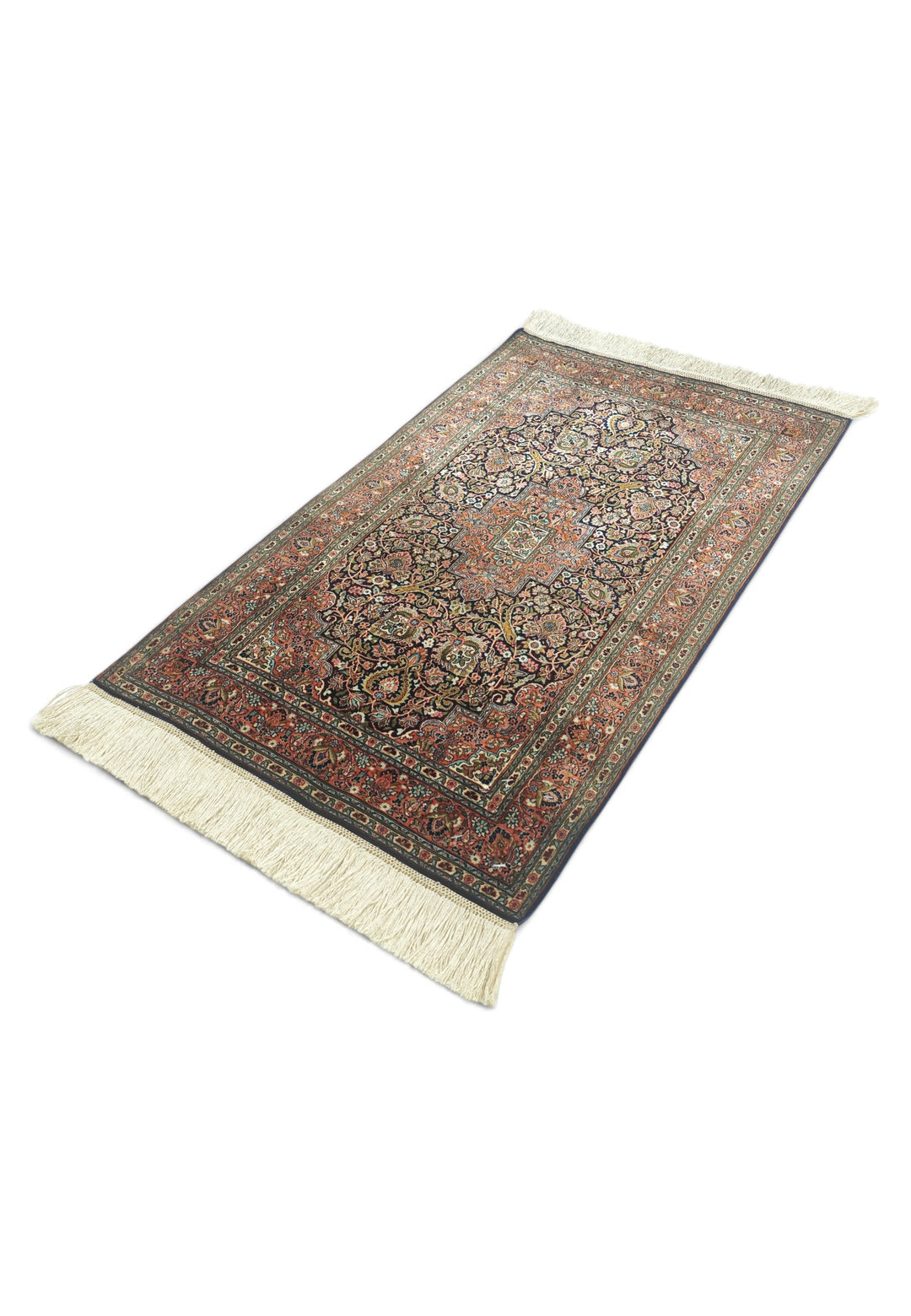 Dark Brown and Brick Red Stepped Medallion, Hand-Knotted Silk Rug