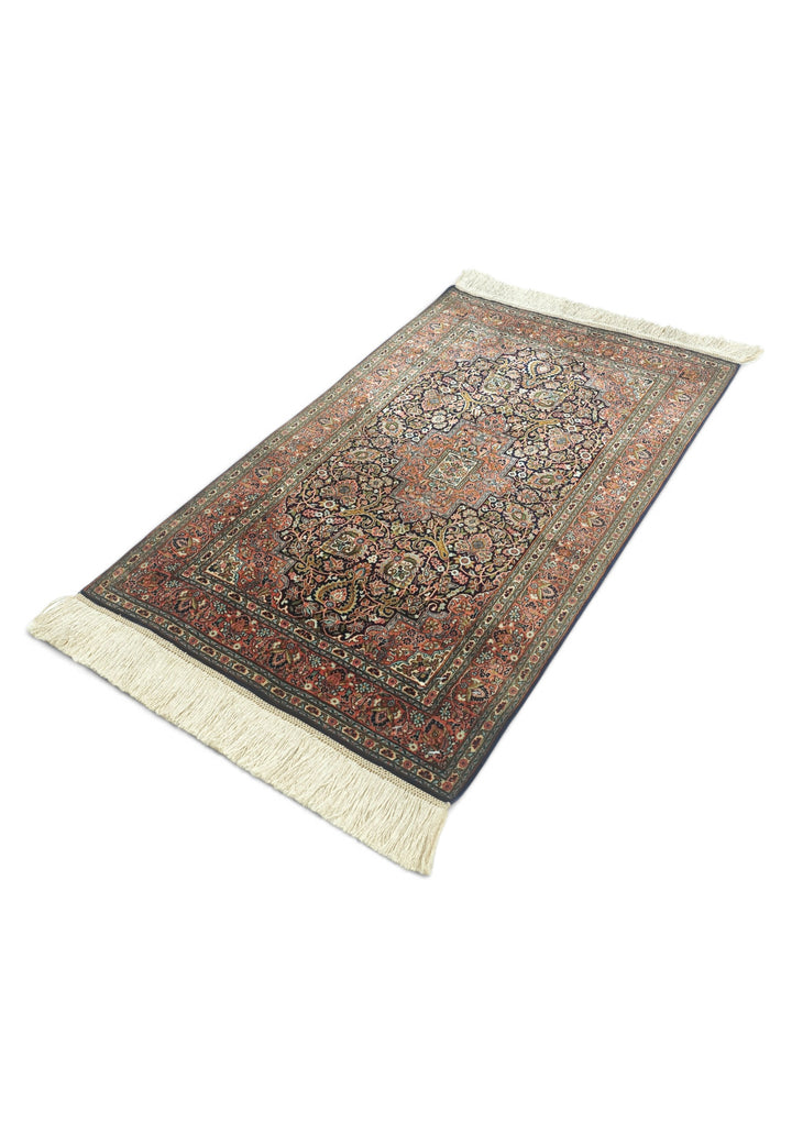 Dark Brown and Brick Red Stepped Medallion, Hand-Knotted Silk Rug