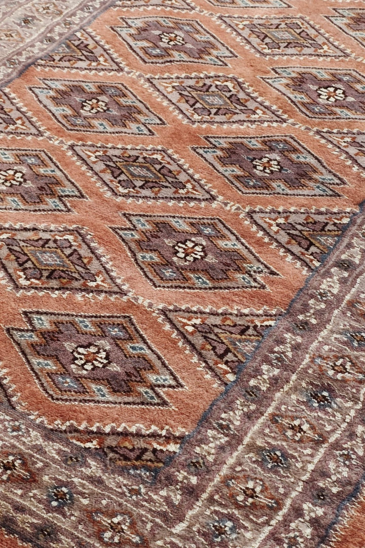 Salmon and Mauve Jaldar Alternating Lattice, Hand-Knotted Wool Rug