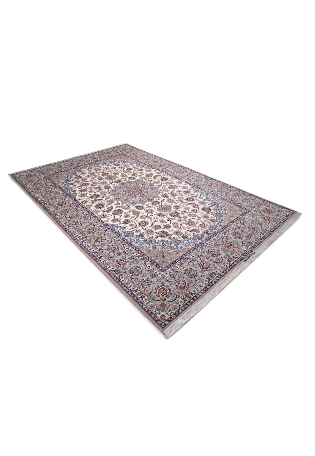 Ivory and Grey Medallion Yazdani Isfahan, Hand-Knotted Wool Rug