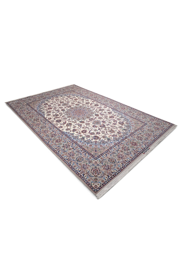 Ivory and Grey Medallion Yazdani Isfahan, Hand-Knotted Wool Rug