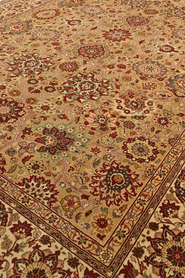 Gold and Ivory Tabriz Floral, Hand-Knotted Pakistani Wool Rug
