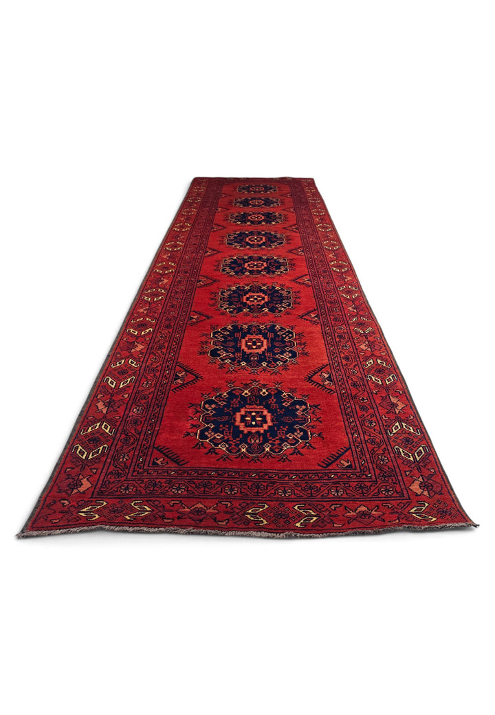 Red and Navy Khan Muhammadi Runner, Hand-Knotted Wool