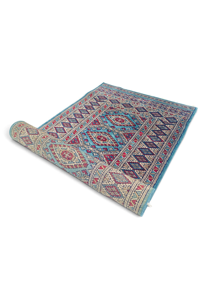 Turquoise and Wine Red Chained Diamond Medallion, Hand-Knotted Wool Rug