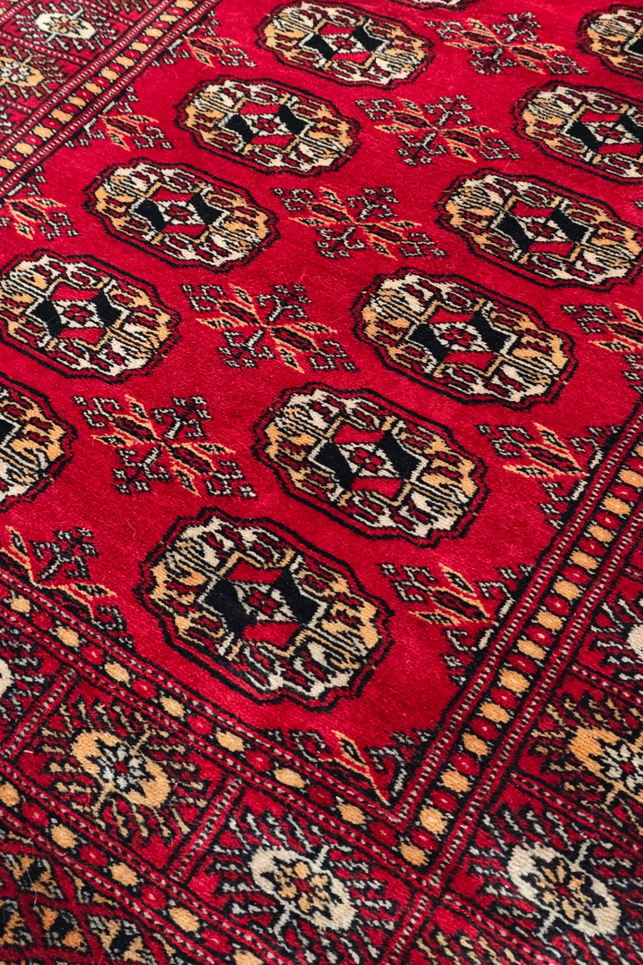 Bright Red and Gold Turkmen Gül Bokhara, Hand-Knotted Wool Rug