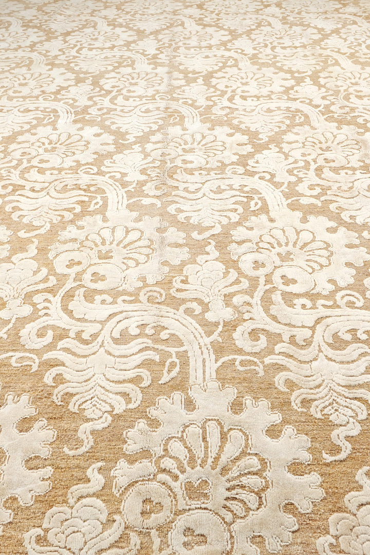 Ivory and Camel Damask Ghazni, Hand-Knotted Wool and Silk Rug