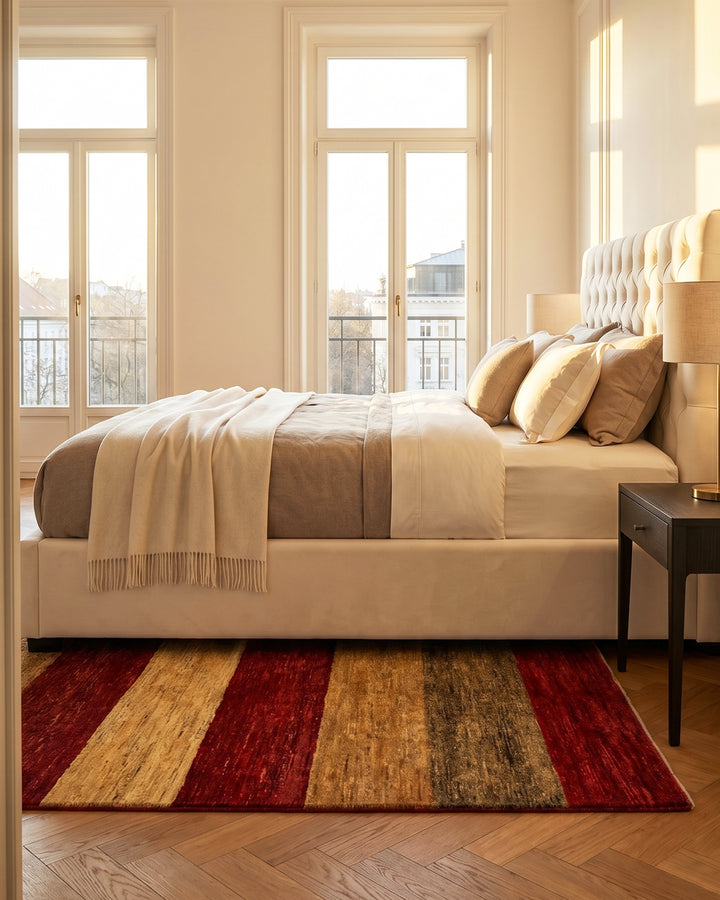 Crimson &amp; Gold Stripe Gabbeh, Hand-Knotted Afghan Wool Rug