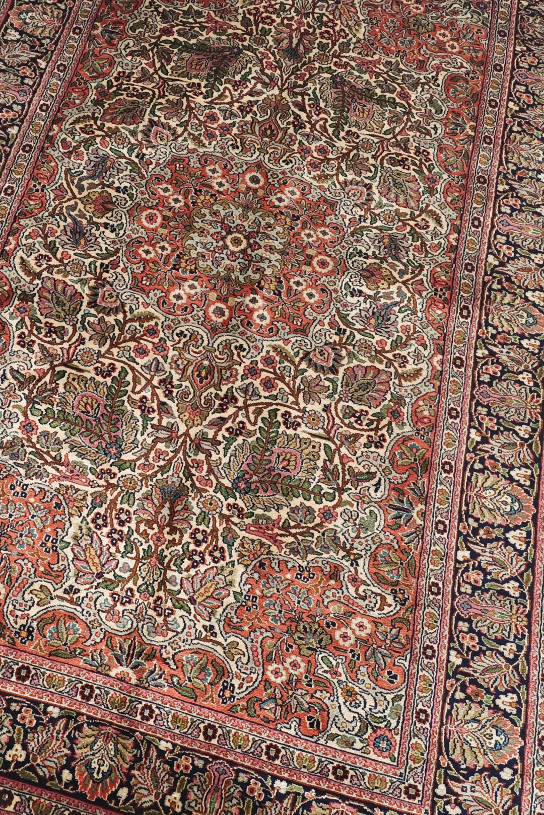 Rose and Black Afshan All-Over Floral, Hand-Knotted Silk Rug