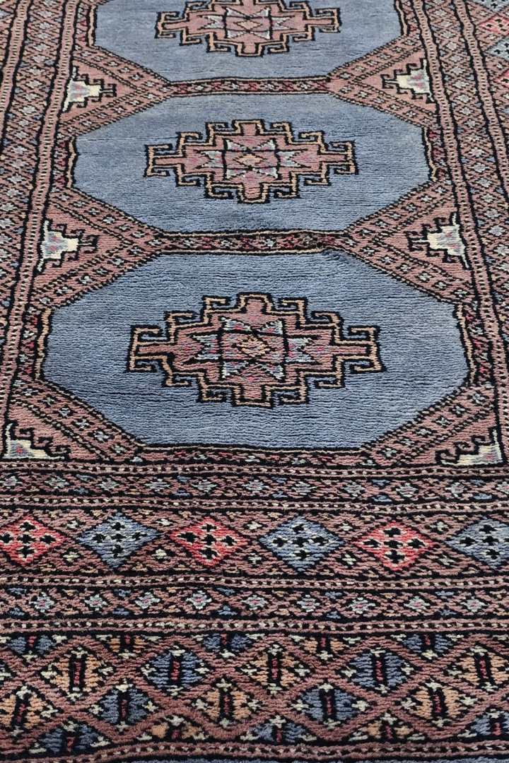 Dusty Blue and Rose Turkmen Gül Bokhara, Hand-Knotted Wool Rug