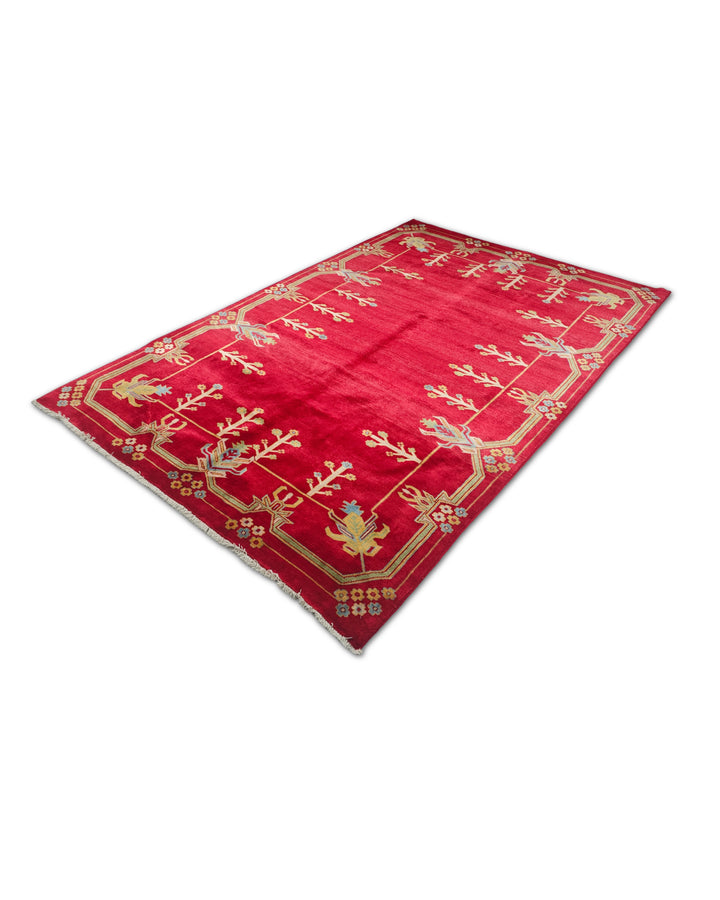 Deep Red and Cream Flowering Tree, Hand-Knotted Wool Rug