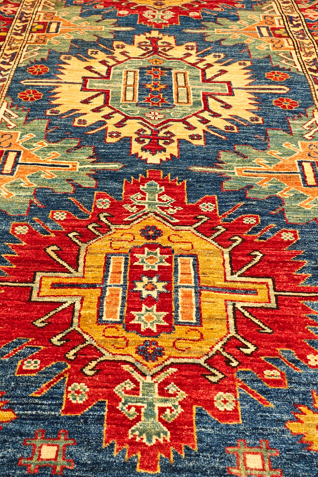 Blue &amp; Red Medallion Kazak Rug, Hand-Knotted Afghan Wool