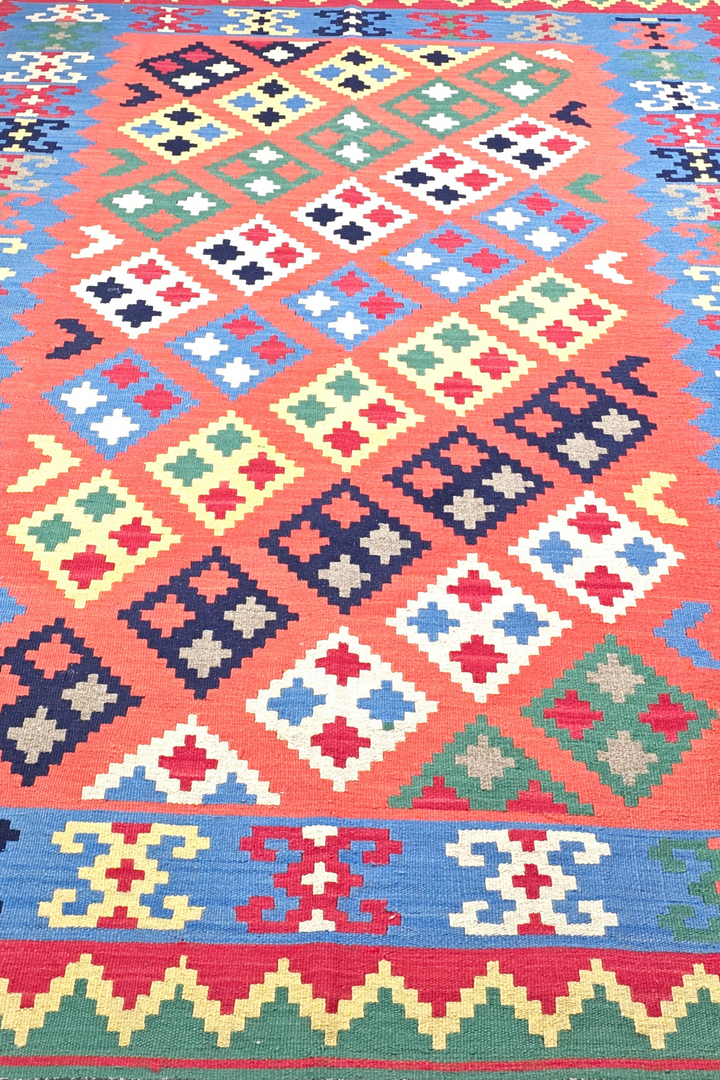 Coral and Green Qashqai Diamond Kilim, Hand-Woven Wool