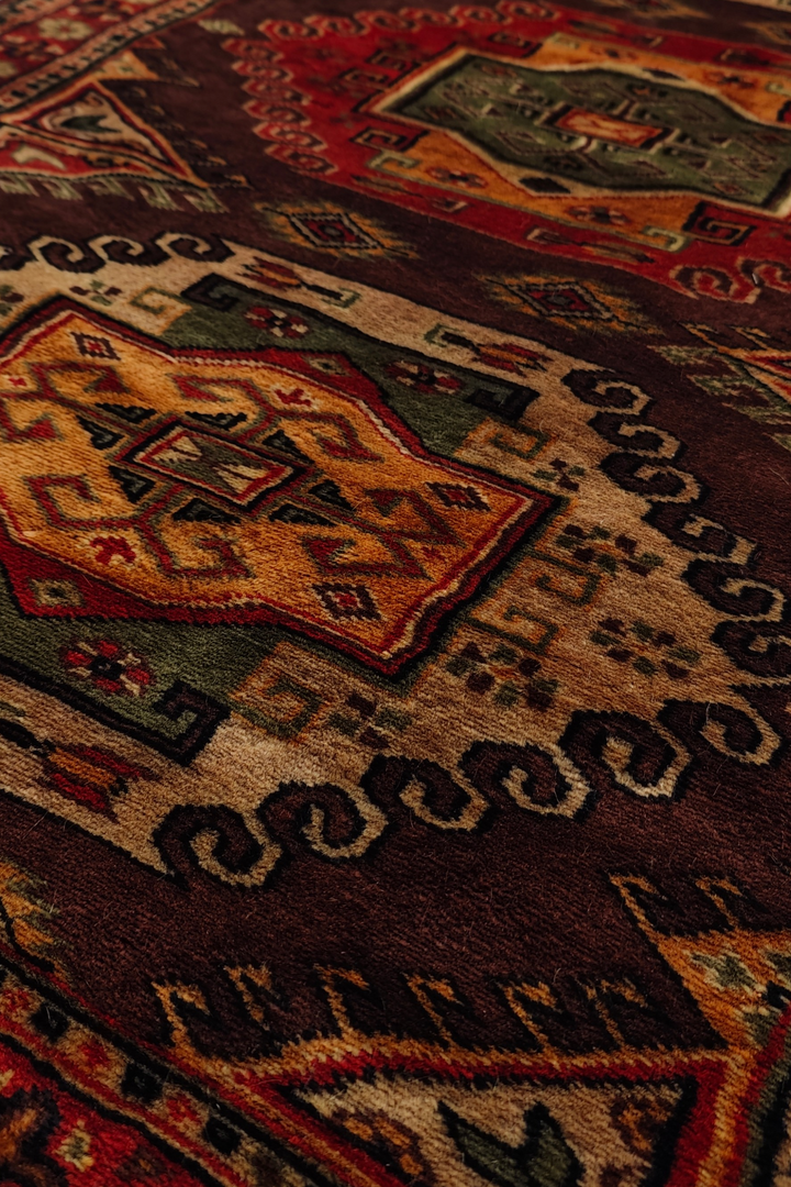Espresso and Madder Red Scrolled Medallion, Hand-Knotted Wool Rug