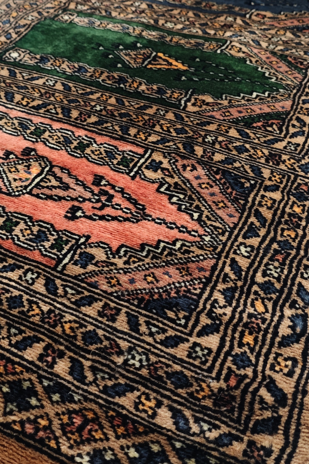 Camel and Salmon Saf Prayer Design, Hand-Knotted Wool Rug