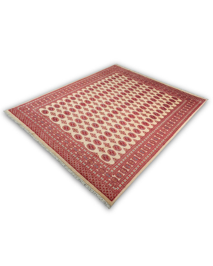 Cream &amp; Red Turkmen Gül Bokhara Rug, Hand-Knotted Pakistani Wool