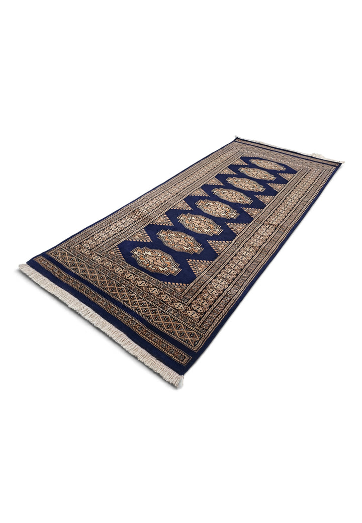 Navy and Beige Yamoud Rug, Hand-Knotted Wool