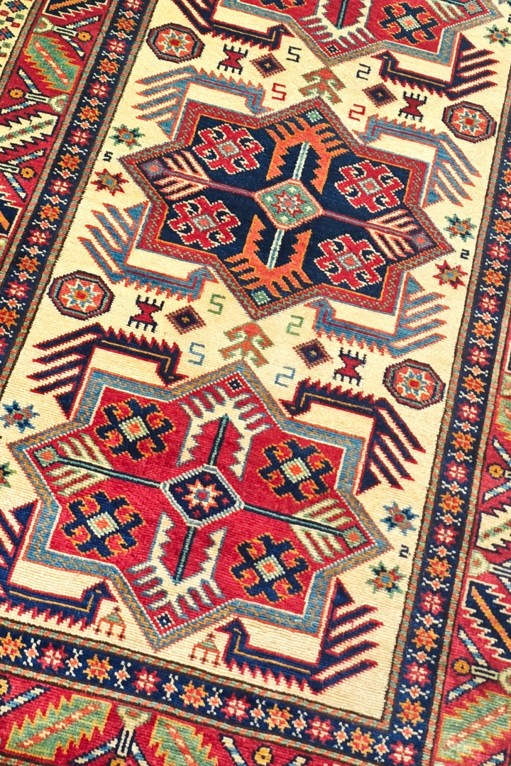 Ivory and Red Hooked Star Medallion Rug, Hand-Knotted Sherwan