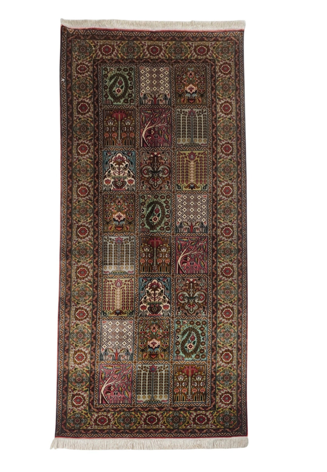 Taupe and Cream Khesti Garden Panel, Hand-Knotted Silk Rug
