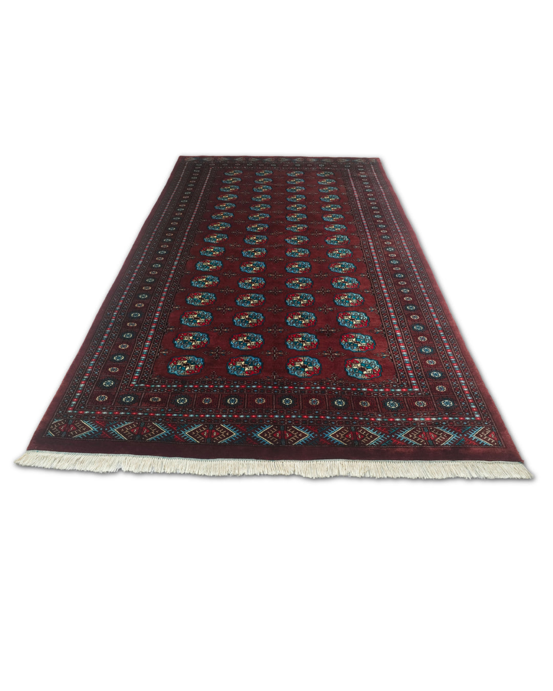Oxblood and Blue Turkmen Gül Bokhara, Hand-Knotted Wool Rug