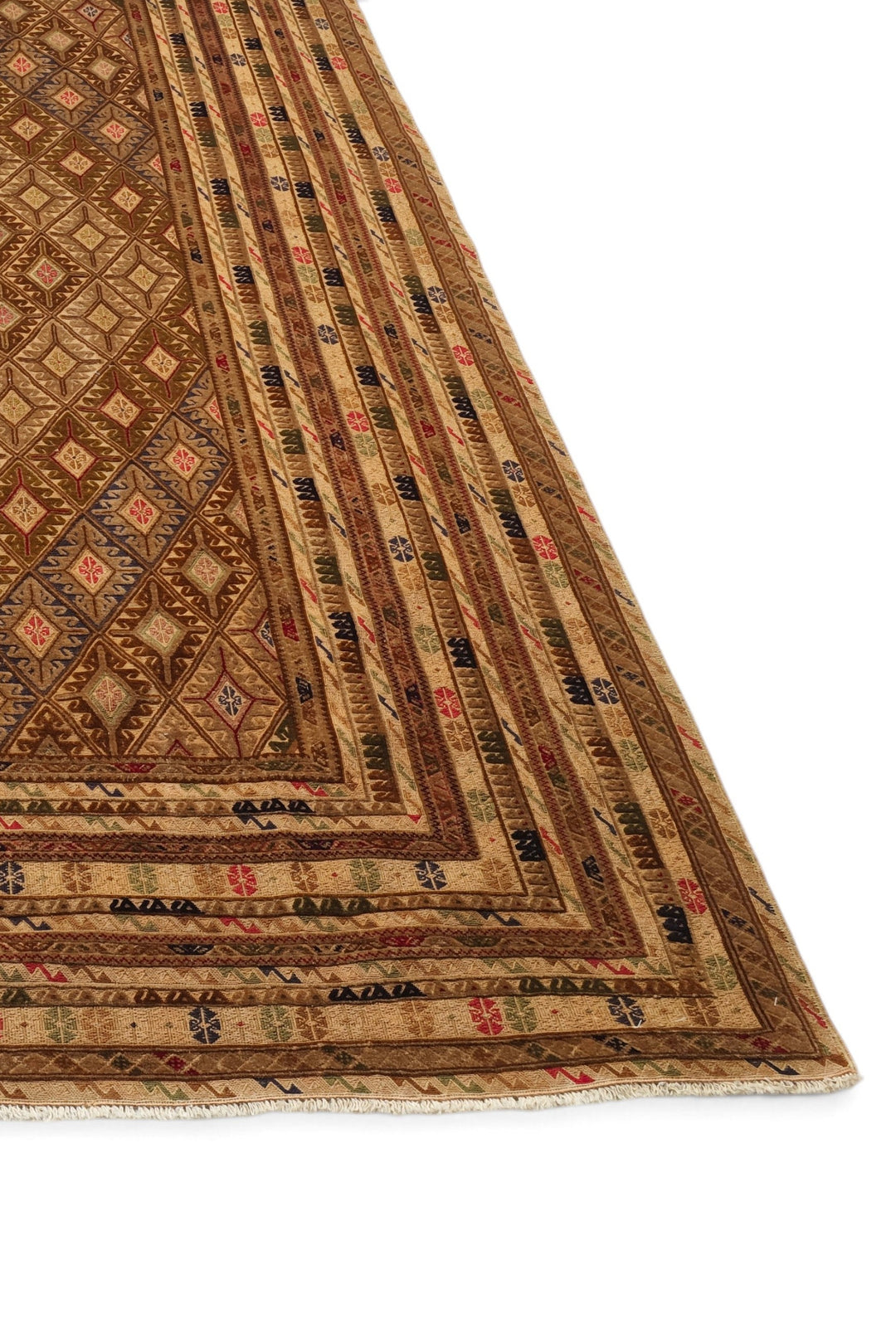 Camel and Brown Diamond Lattice Kilim, Hand-Woven Wool