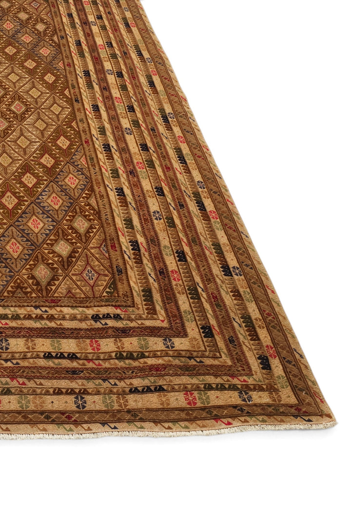 Camel and Brown Diamond Lattice Kilim, Hand-Woven Wool