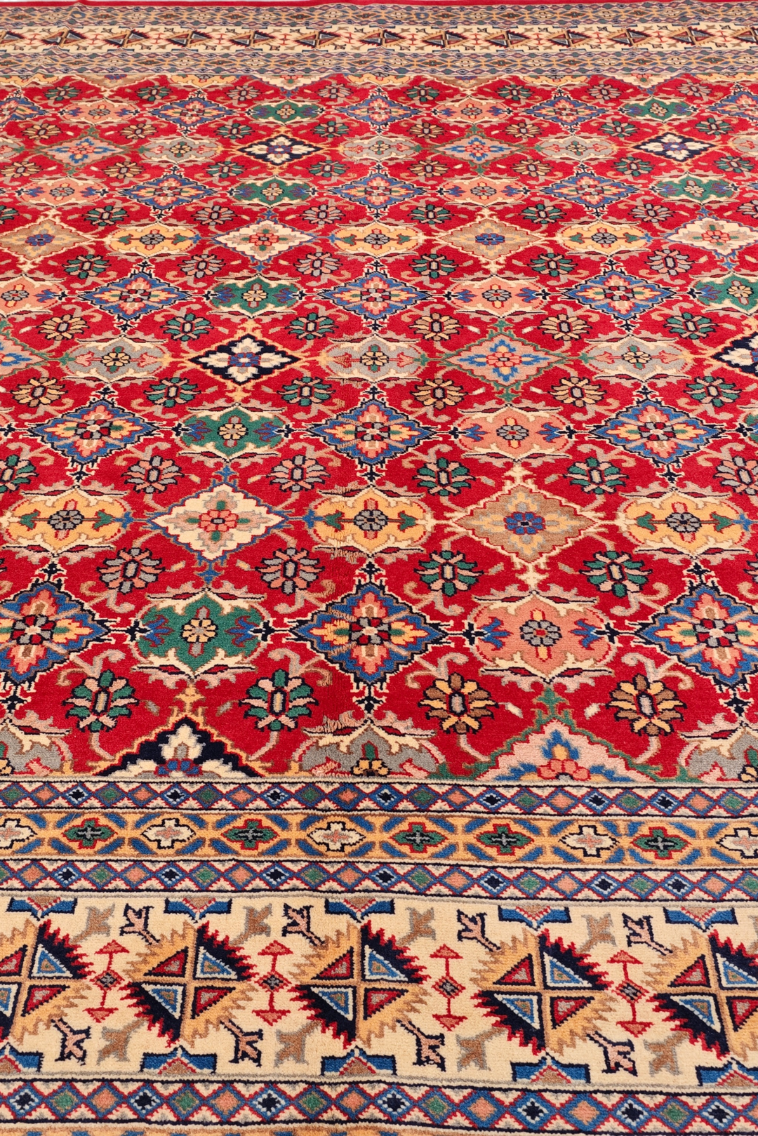 Red Polychrome Lattice Jaldar Square Rug, Hand-Knotted Pakistani Wool &amp; Silk