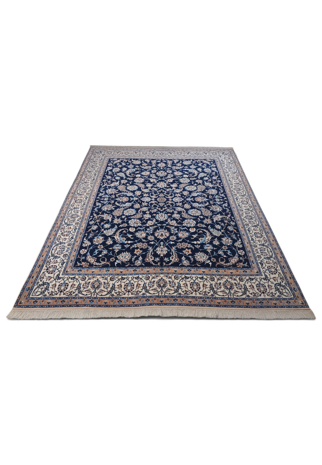 Navy and Ivory All-Over Arabesque Nain, Hand-Knotted Wool Rug