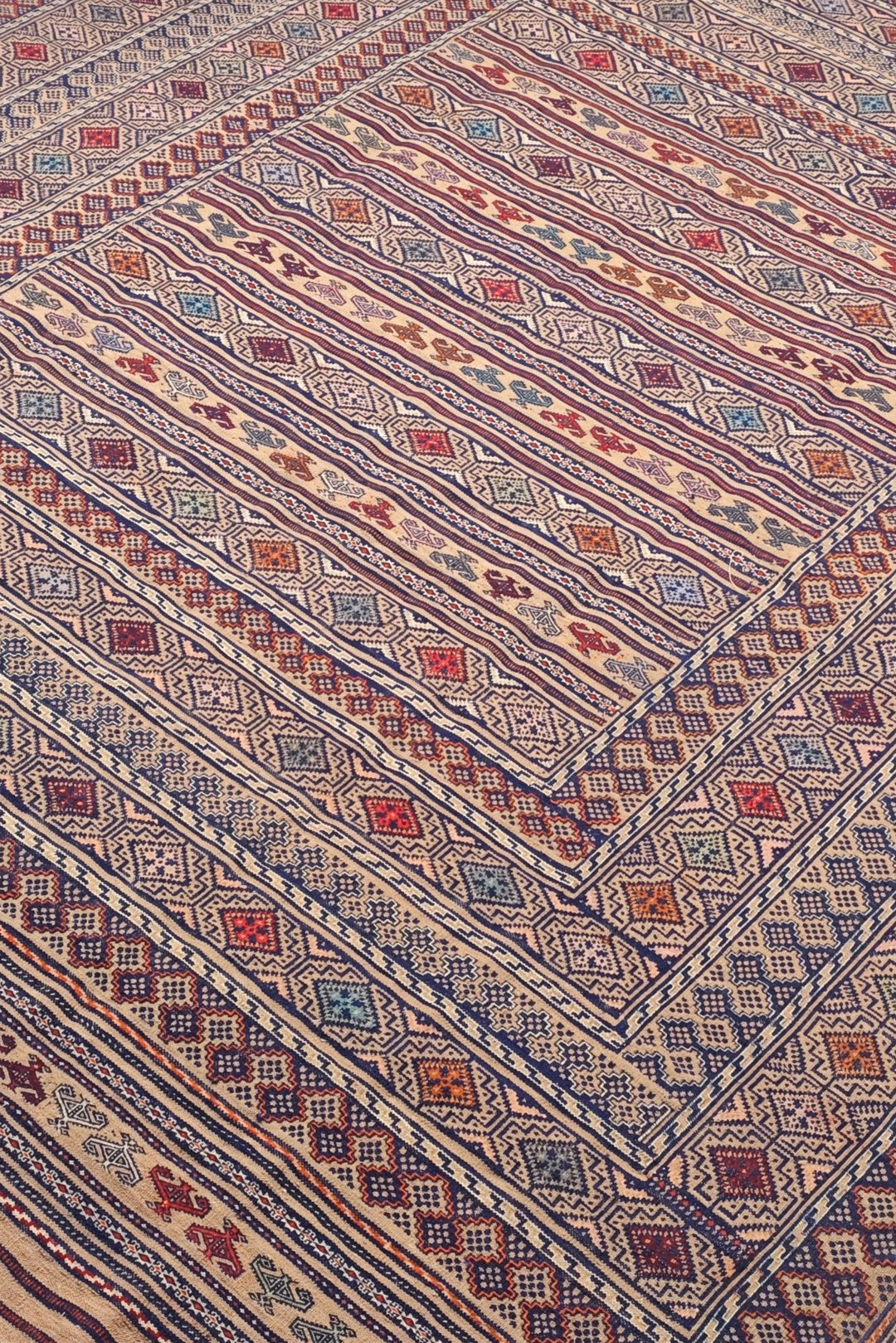 Camel and Indigo Banded Kilim, Hand-Woven Wool