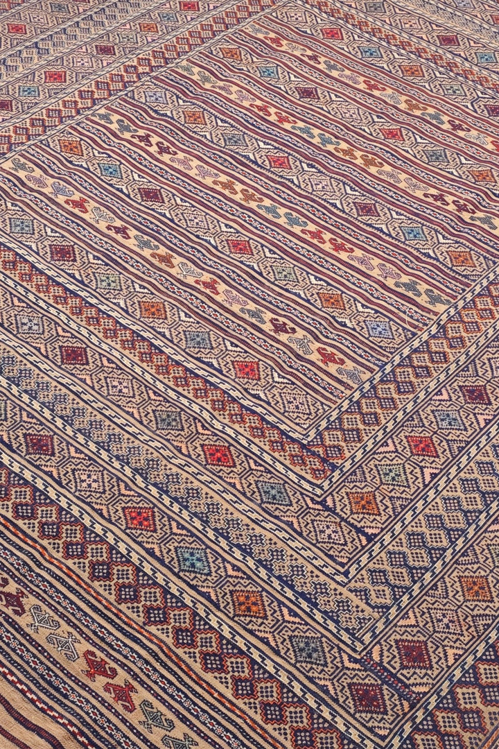 Camel and Indigo Banded Kilim, Hand-Woven Wool
