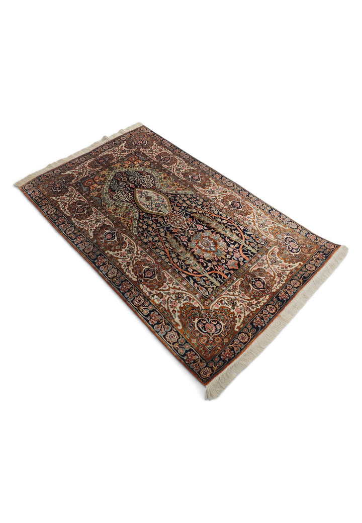 Black and Beige Mihrab Prayer Design, Hand-Knotted Silk Rug