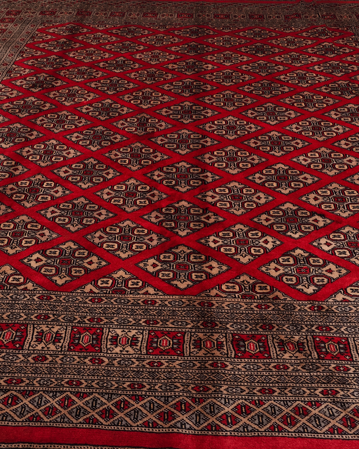 Red Diamond Pakistani Jaldar, Hand-Knotted Wool Rug