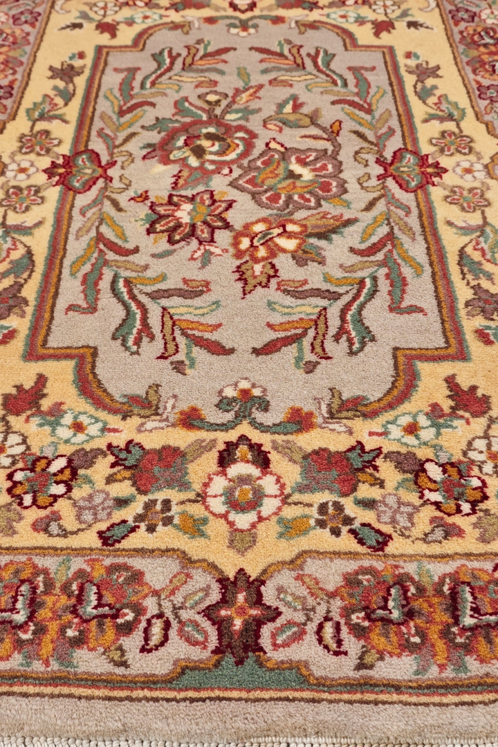Butter Gold and Warm Grey French Floral Panel, Hand-Knotted Wool Rug