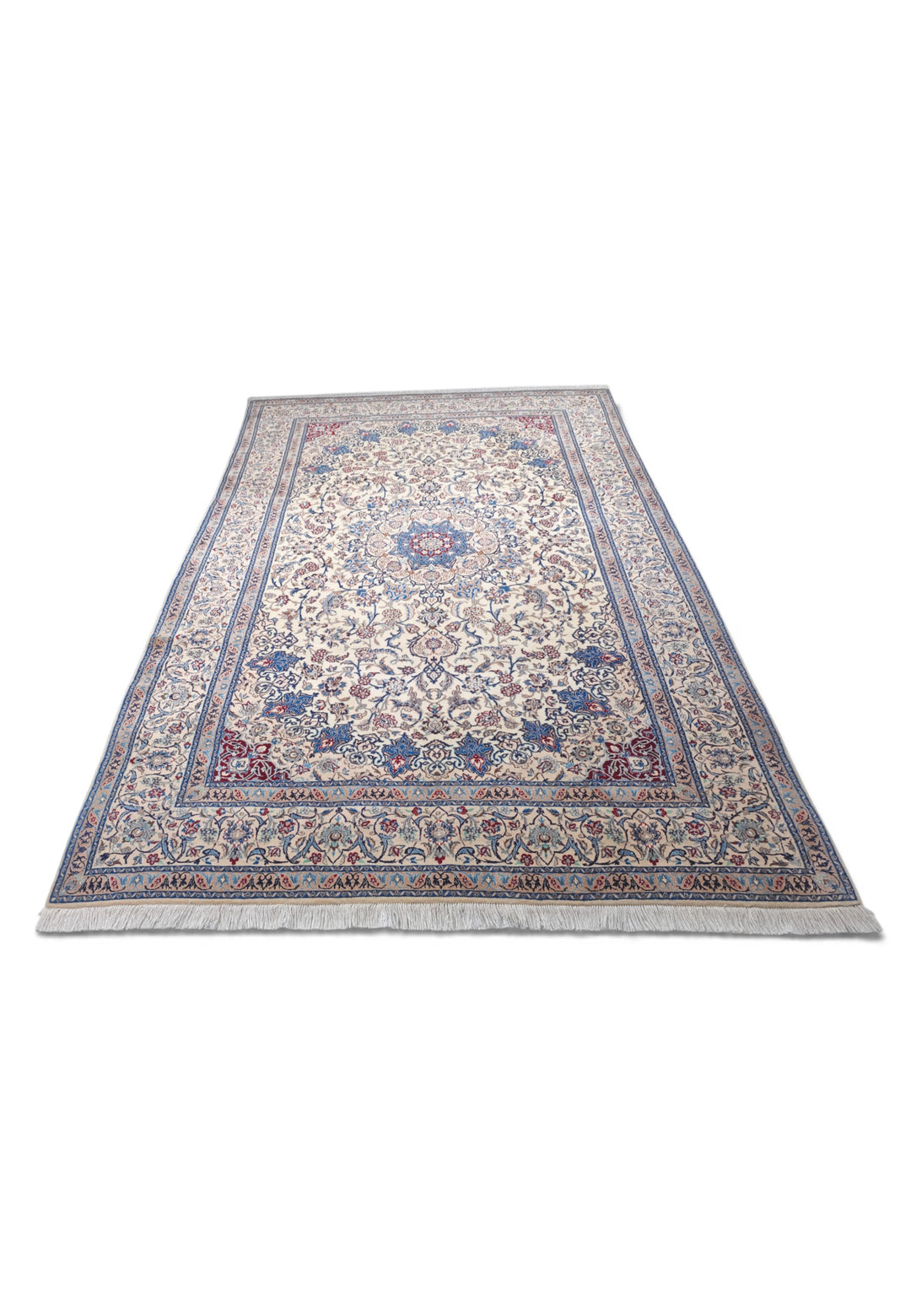Ivory and Blue Star Medallion Nain, Hand-Knotted Wool Rug