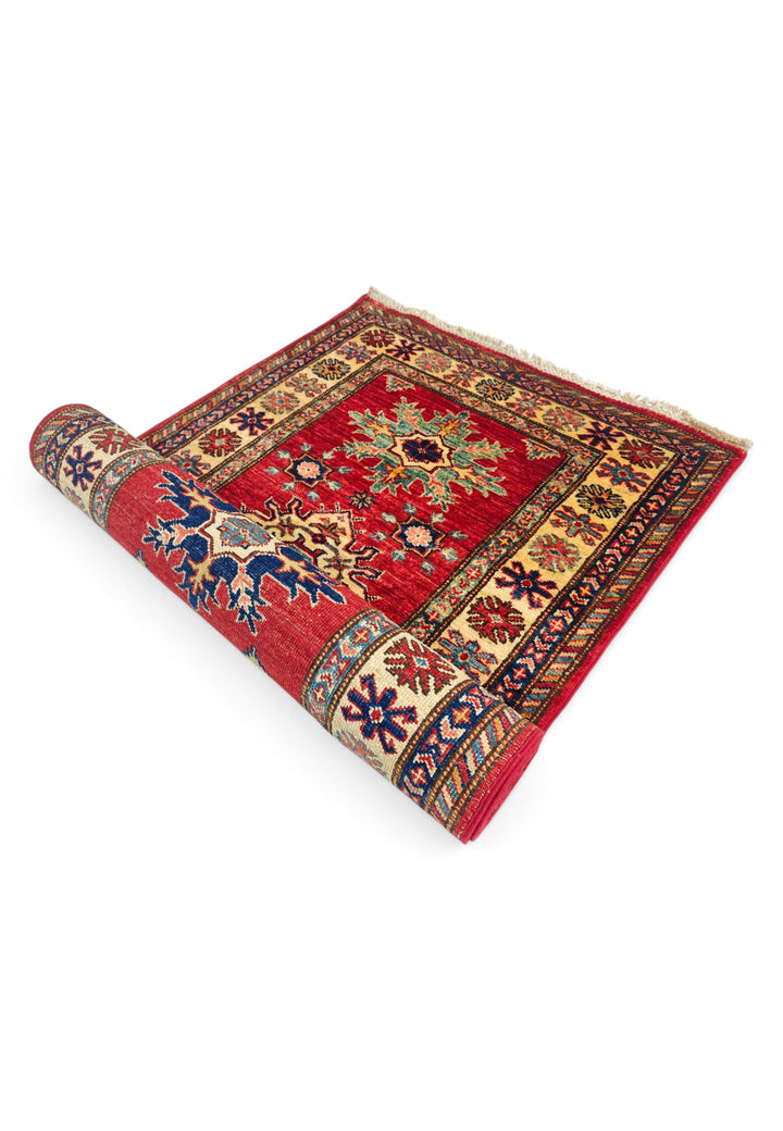 Red and Cream Serrated Star Kazak, Hand-Knotted Wool Rug