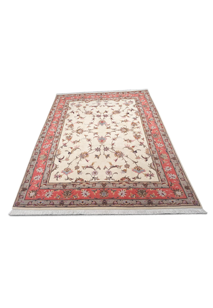Ivory and Coral Serrated Leaf Tabriz, Hand-Knotted Wool Rug