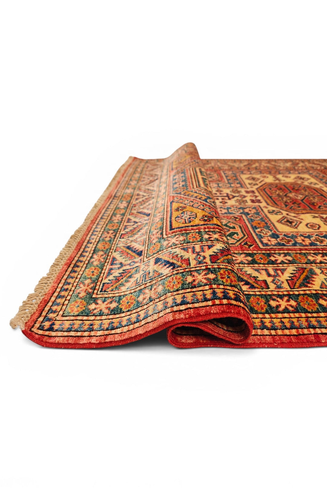 Red &amp; Gold Octagon Kazak Rug, Hand-Knotted Afghan Wool