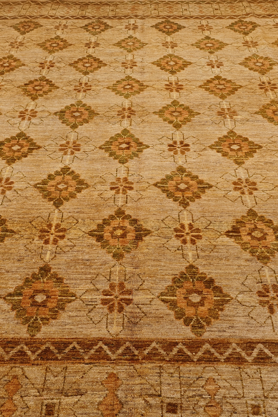 Wheat Gold Diamond-Lattice Ghazni, Hand-Knotted Afghan Wool Rug