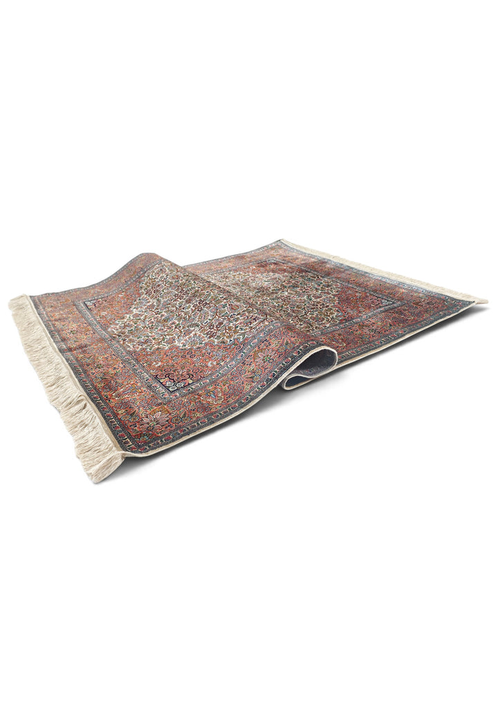 Cream and Rust Lobed Medallion, Hand-Knotted Silk Rug