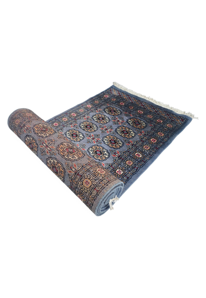 Slate Blue and Camel Turkmen Gül Bokhara, Hand-Knotted Wool Rug