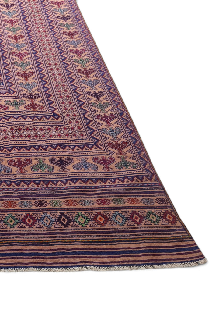 Blush Apricot and Navy Banded Kilim, Hand-Woven Wool