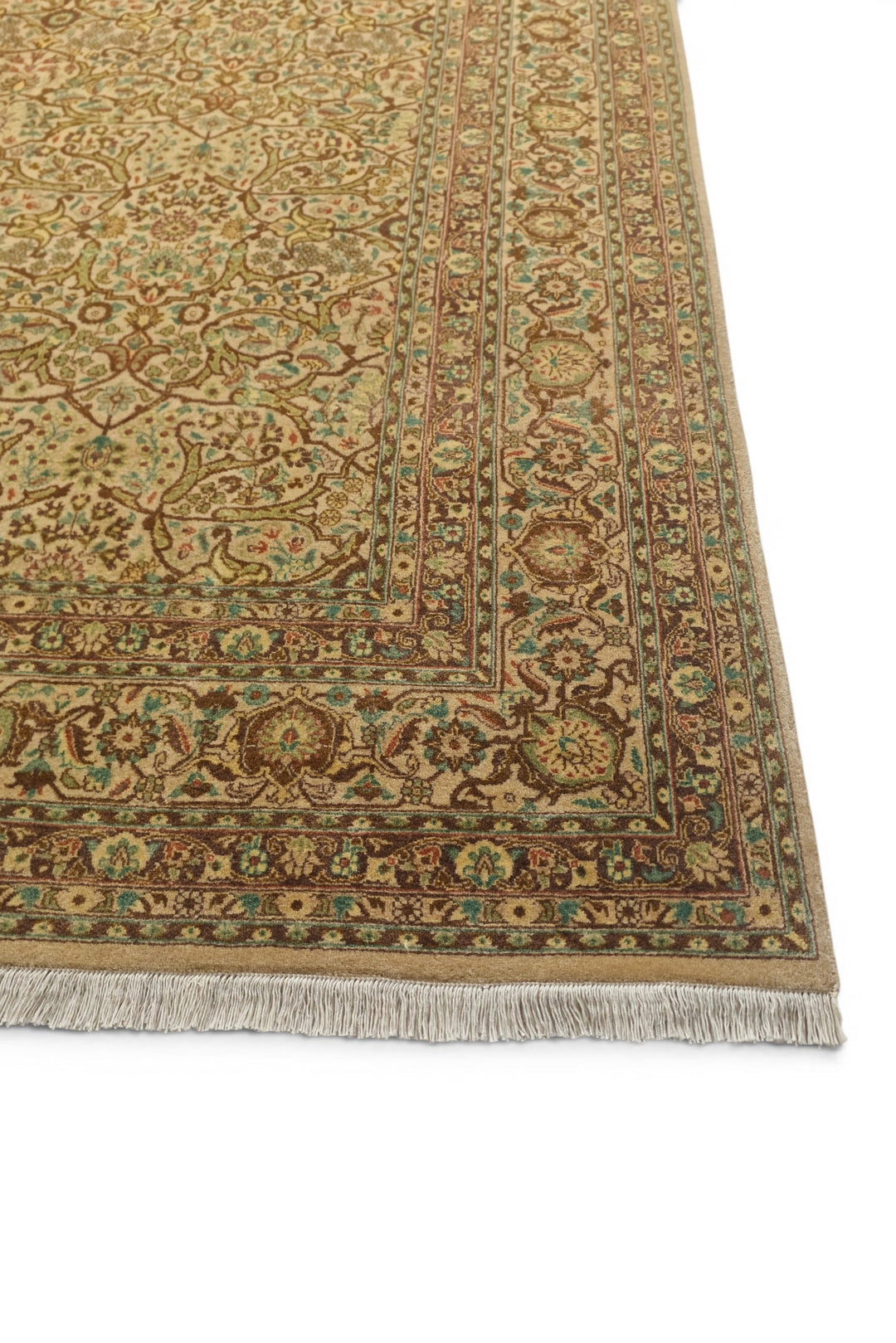 Cream and Brown Afshan Shah Abbasi, Hand-Knotted Pakistani Wool Rug
